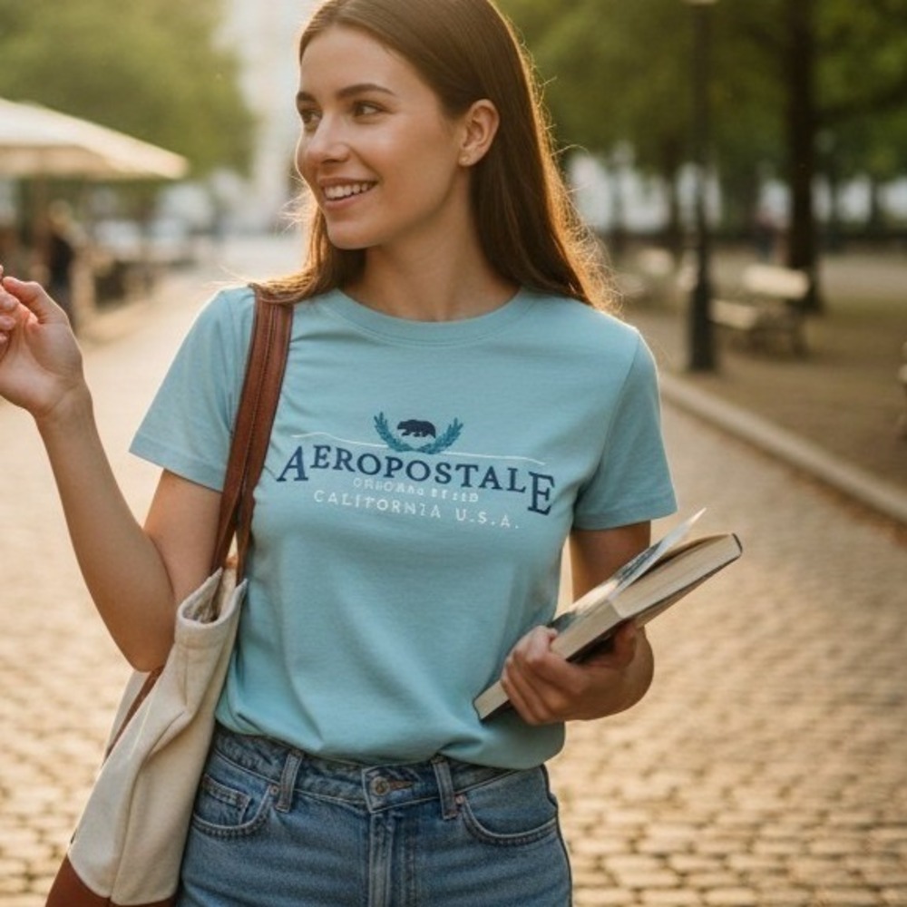 Aeropostale Women's T-Shirt Small Teal Graphic Logo Short Sleeve Casual Tee